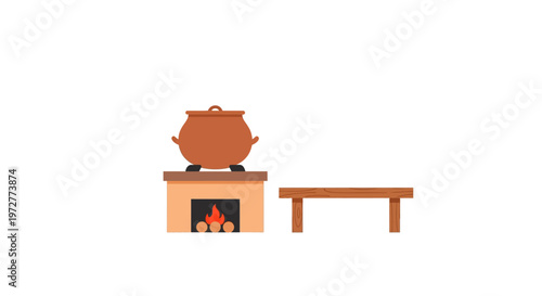 Rustic cooking pot on fireplace with wooden table in minimalist style