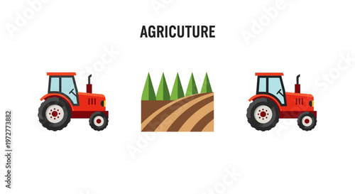 Modern farming: red tractor and plowed field design