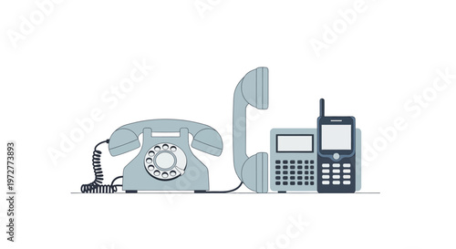 Evolution of communication devices: retro rotary, classic landline, early mobile concept art