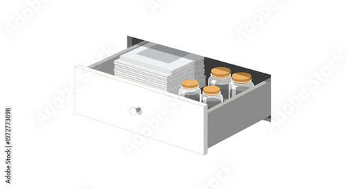 Kitchen drawer organization with spice jars and plates in isometric style