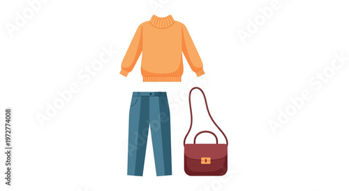 Casual fashion ensemble with sweater, trousers, and handbag