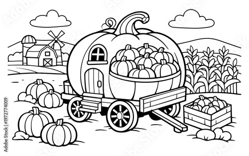 Whimsical pumpkin carriage filled with gourds on a farm with corn stalks