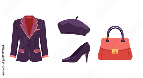 Elegant fashion set with blazer, beret, high heel, and handbag in flat design