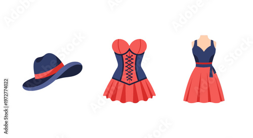 Elegant fashion collection: hat, corset, and dress in blue and red flat design