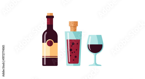 Elegant wine set featuring bottle, glass, and decanter in flat design