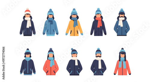 Diverse winter fashion outfits with hats and scarves