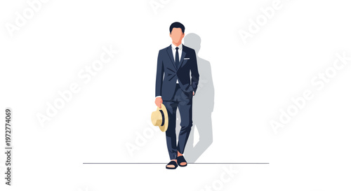 Stylish businessman in suit holding hat walking confidently
