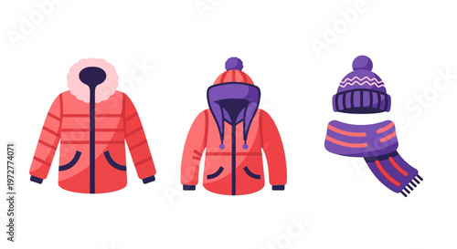 Winter clothing set with jackets, knitted hat, and scarf in flat style