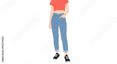 Casual fashion style female in red crop top and jeans