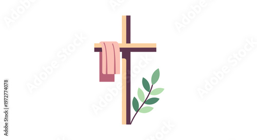 Minimalist easter cross with draped cloth and leaves for religious designs