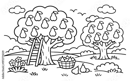 Cartoon pear trees laden with fruit, a basket, and a ladder in a field