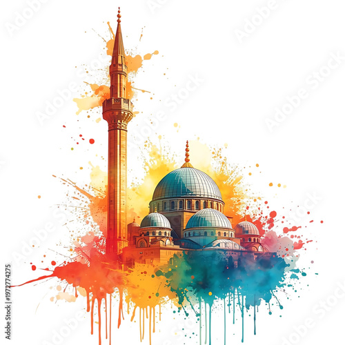 Vibrant night view of illuminated Taj Mahal and mosque with fireworks isolated on a transparent background