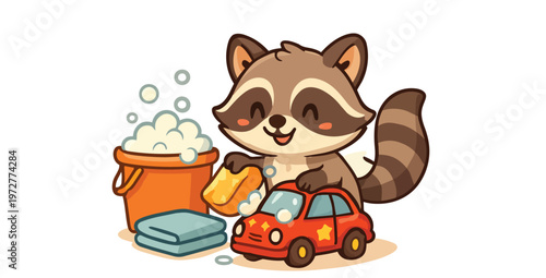 Cute smiling raccoon washing red star decal toy car with sponge near bucket of soap bubbles and folded towel in colorful vector illustration
