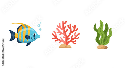 Colorful marine life with tropical fish, coral, and seaweed in flat design