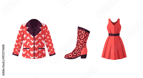Trendy fashion apparel: red blazer, ankle boot, and dress with geometric patterns
