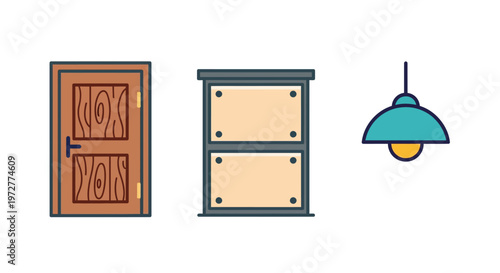 Modern interior elements: door, cabinet, and pendant lamp in cartoon style