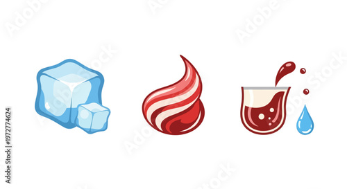 Ice cube, flame, and drink splash with droplet in cartoon style