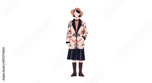 Elegant woman in autumn outfit with patterned coat and hat on white background