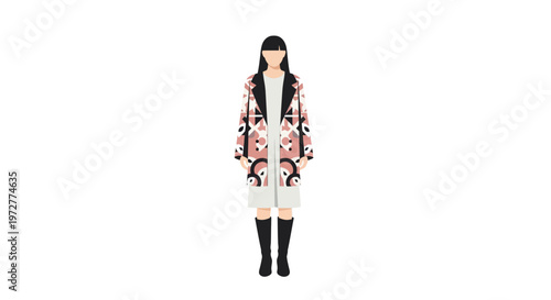 Minimalist fashion silhouette of woman in geometric patterned coat