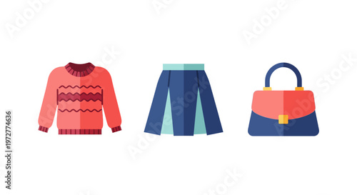 Trendy flat design fashion icons: sweater, skirt, handbag
