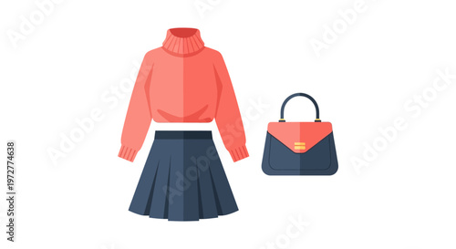 Modern flat fashion design: sweater and skirt outfit with handbag