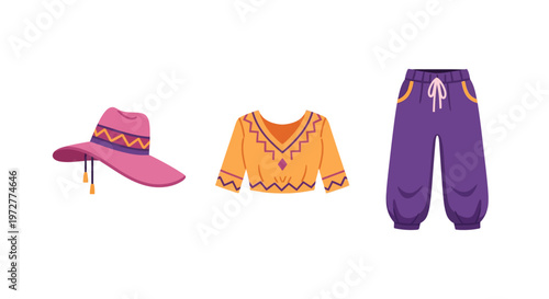 Colorful casual clothing set with hat, top, and pants