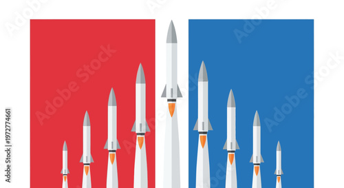 Rocket launch sequence against a red and blue background