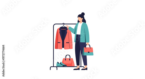Woman shopping for fashionable clothing: modern flat style illustration