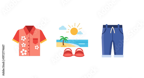 Summer vacation essentials: beachwear, sun, and sea adventures icon set