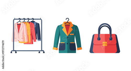Modern fashion icons: clothing rack, stylish blazer, trendy handbag