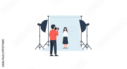 Professional photo studio setup with photographer and model in minimalist style