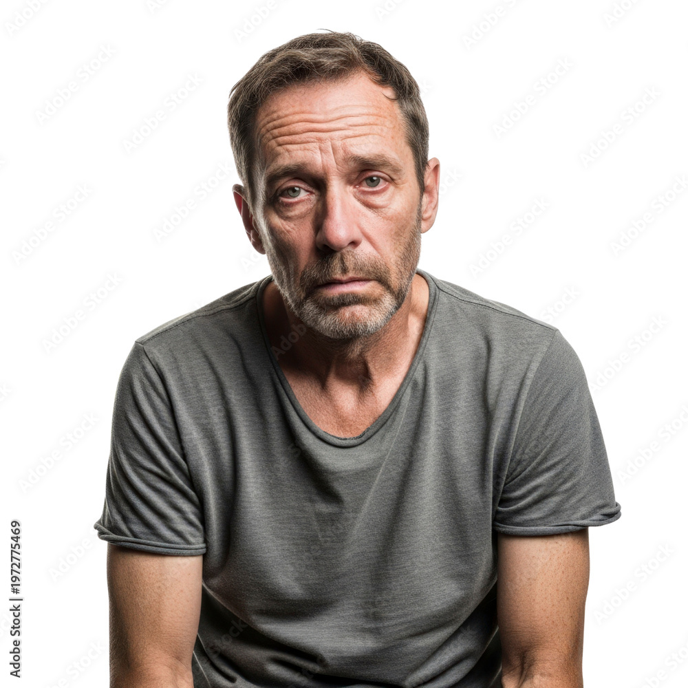 Fototapeta premium Man with sad expression on transparent background