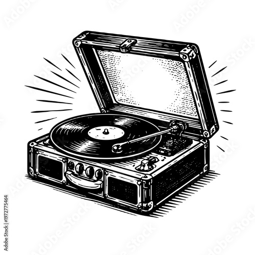 Vintage turntable in a black and white illustration - retro-style music equipment