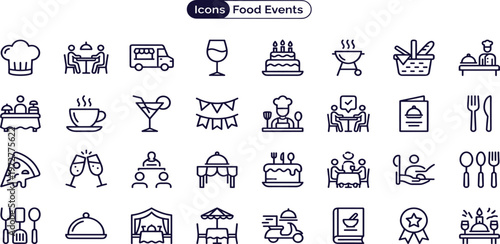 Versatile set of minimalist line icons depicting a wide range of food, dining, culinary, and special event concepts for modern digital design and interface projects