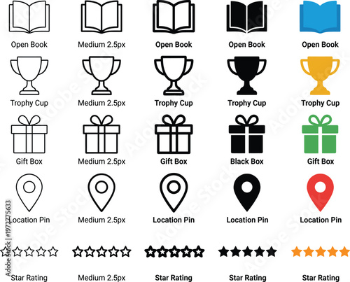 Collection of Icons Open Books, Trophy Cups, Gift Boxes, Location Pins, and Star Ratings