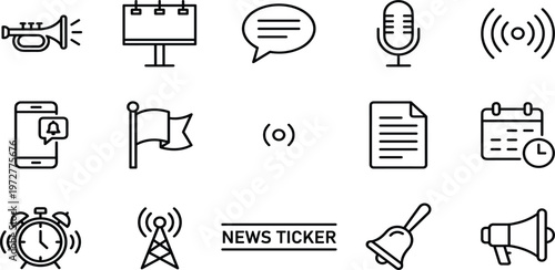 Comprehensive collection of modern outline icons for news, media, and communication, ideal for broadcasting, reporting, and digital information platforms
