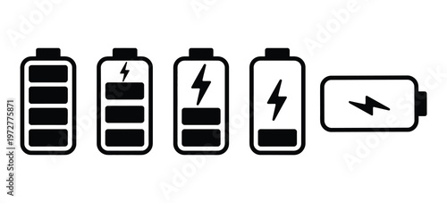 Monochrome battery charge level indicator vector set, full, medium, low, empty, and charging status icons for UI design, mobile apps, dashboards, and device power symbols