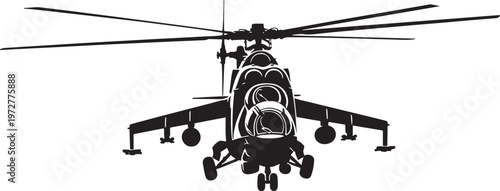 Silhouette of a military attack helicopter with rotors, against a white background, air force, black and white, helicopter pilot, military transport
