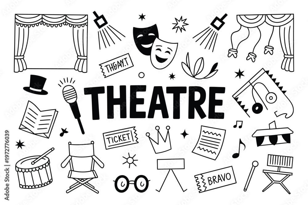 Fototapeta premium A black and white illustration depicting various elements of theatre and performance