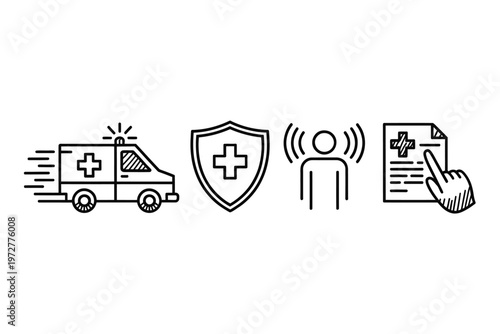 Healthcare symbols depicting emergency protection communication and documentation