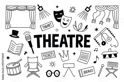 A black and white illustration depicting various elements of theatre and performance