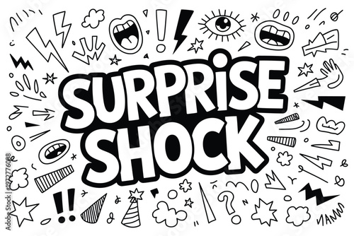 A black and white doodle illustration depicting surprise shock and excitement