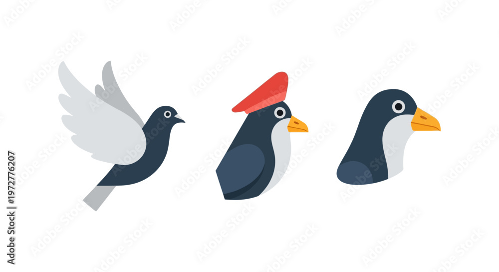 Fototapeta premium Three stylized birds: flying pigeon french bird and penguin profile
