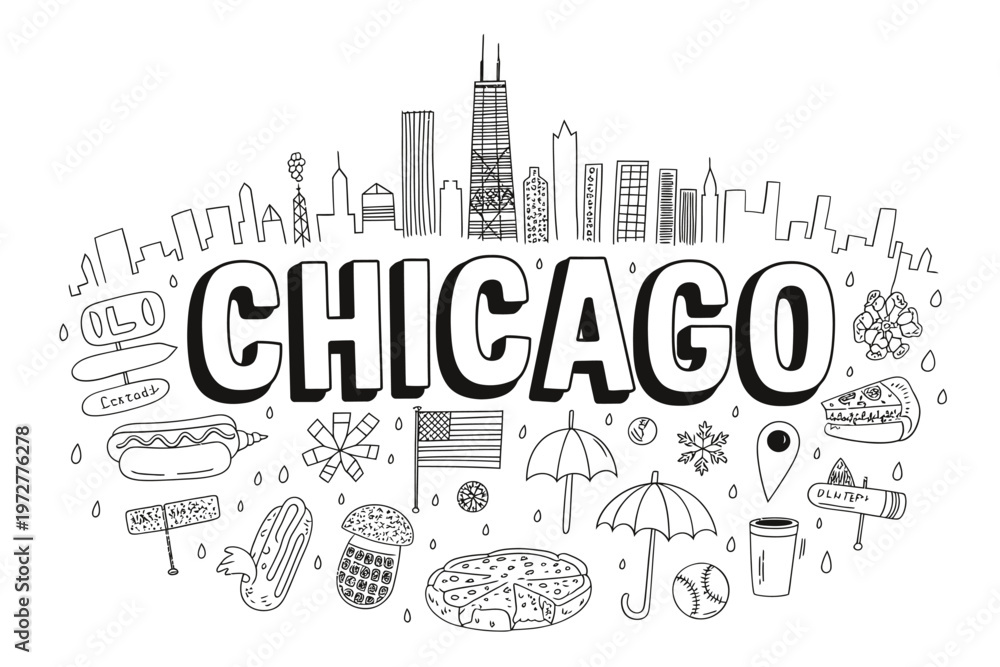 Obraz premium A hand drawn illustration showcasing iconic landmarks and symbols of chicago