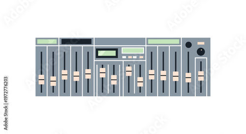 Flat style audio mixer with sliders and dials on white background
