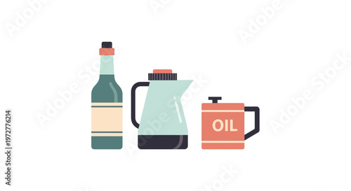 Flat style kitchen oils: cooking and olive oil containers