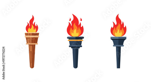 Set of three colorful torches with flames on white background