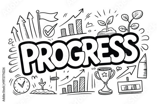 Progress concept illustration with growth success and upward trending elements