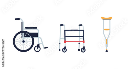 Mobility aids collection: wheelchair walker and crutch in flat design