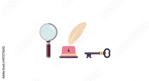 Vintage detective essentials: magnifying glass feather pen